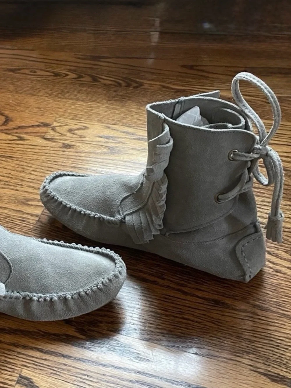 Boho J. CREW Moccasins SIENNA Shoes Suede Leather Vintage Gray Fringed Size 7.5